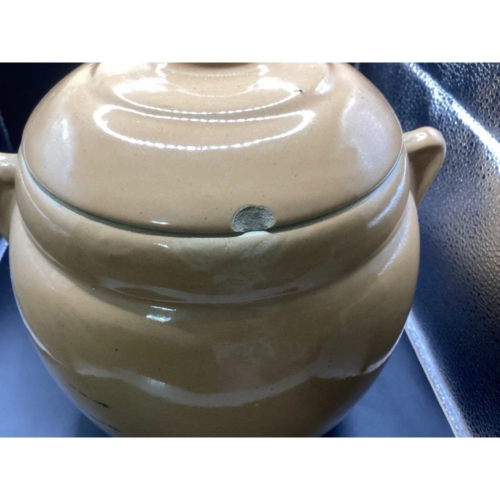 VTG Early Hand Painted Stoneware Bean Pot Cookie Jar Crock As Is Flowers‎